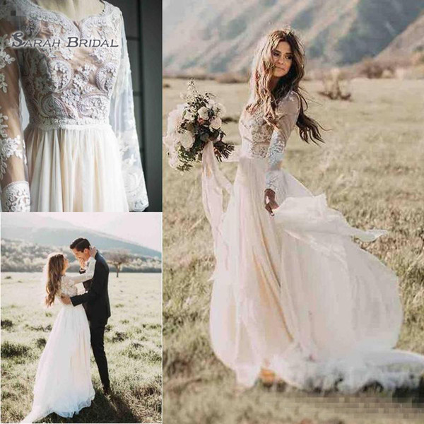 Cheap Ivory Bohemian Beach Party Dresses Long Sleeves Bridal Gowns Floor Length Summer Boho Hippie Western Wedding Dress