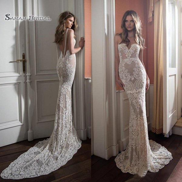 Hot Sale Berta Mermaid Lace Wedding Dresses Sweetheart Neck Backless Bridal Gowns Appliqued Sweep Train Pearls Vestidos De Noiva