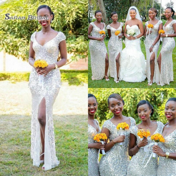 Sparkle Sequins Arabic Split Bridesmaid Dresses Long Formal Women Beach African Bridemaids Wedding Guest Party Gowns