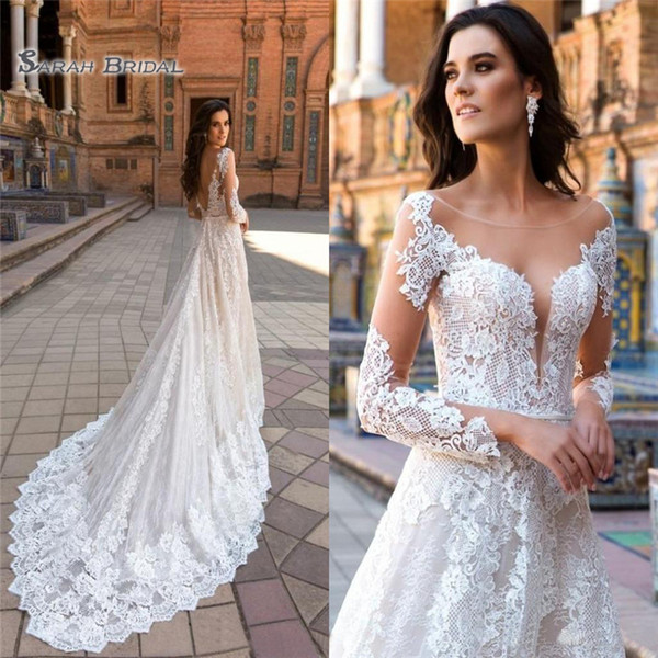 A Line Sexy Bridal Party Gown Wedding Dresses Backless Full Lace Sheer Bodice Illusion Tulle Custom Made