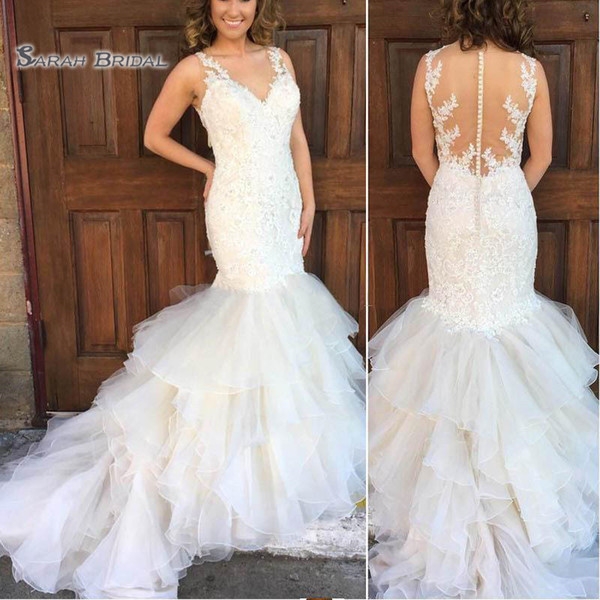 Buttons Back Mermaid Wedding Dresses V Neck Appliques Lace Tulle Organza Wedding Gowns Plus Size Bridal Dresses