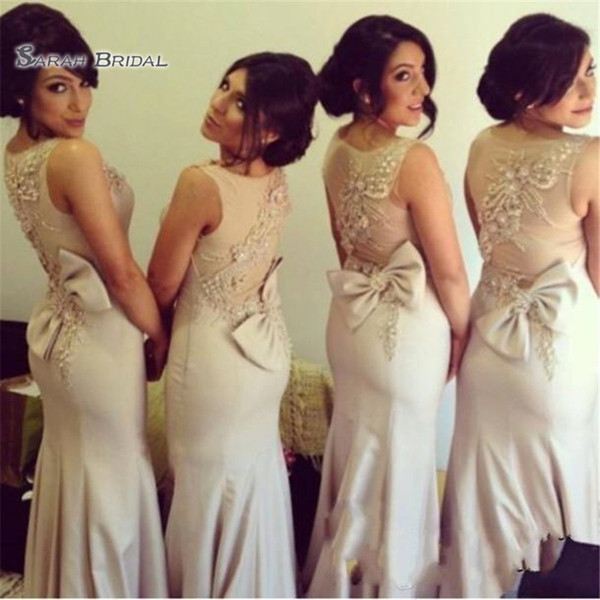 Sexy Mermaid Long Bridesmaid Dresses Bow Back Bridesmaids Gowns Sweep Train Party Dress Vestidos De Novia