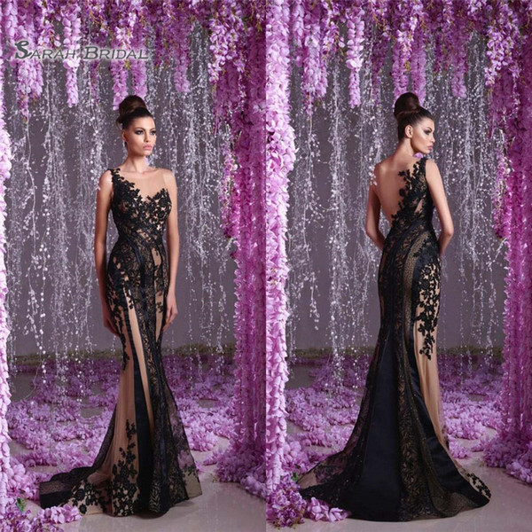 Sexy Black Lace Mermaid Evening Dresses Sleeveless Applique Tulle Women Pageant Party Gowns Long Prom Dress Vestidos De Novia