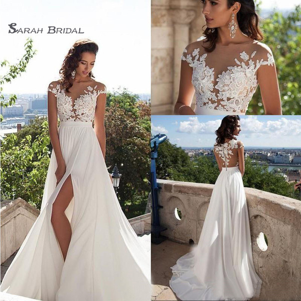 Cheap Beach A-line Wedding Dresses Bohemian High Split Chiffon Lace Applique Wedding Dress Bridal Gowns