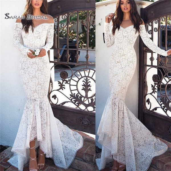 Classic Spring Full Lace Mermaid Beach Wedding Dresses Summer With Long Sleeves Vintage Bridal Gowns