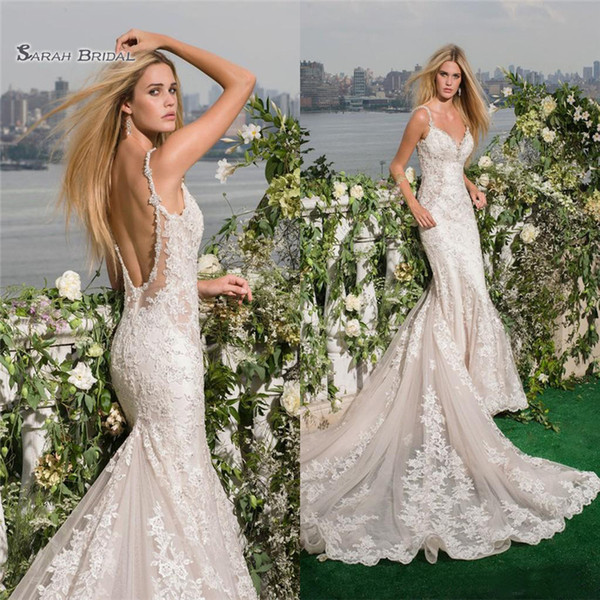 Lace Mermaid Wedding Dresses Sexy Beaded V Neck Spaghetti Straps Backless Chapel Train Bridal Gowns