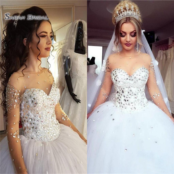 Ball Gown Princess Bridal Gowns Wedding Dresses Pearls Crystals Long Sleeves Jewel Neck Tulle Puffy Arabic Plus Size Wedding Dress