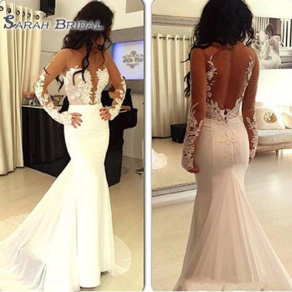 Long Sleeve Backless Wedding Gowns Mermaid Style Sheer Robe De Mariee Sirene Appliqued Satin Illusion Bridal Dresses