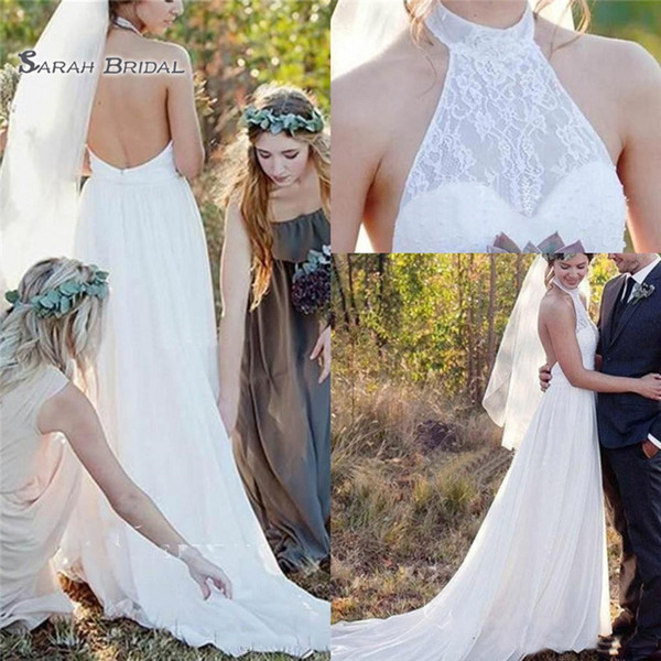 Bohemian A-line Halter Wedding Dresses Backless Sweep Train Lace Chiffon Beach Garden Country Bridal Gowns Plus Size