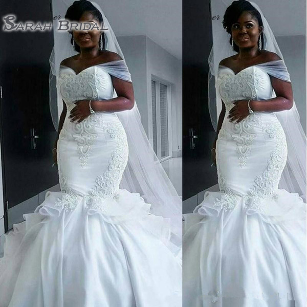 Nigerian Mermaid Wedding Dresses Off The Shoulder Sweep Train Tired Organza Ruffle Crystal Ruching Plus Size Bridal Gowns