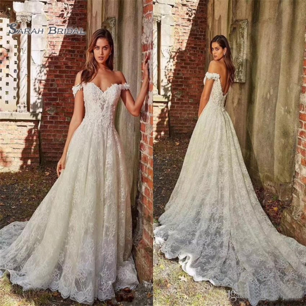 Hot A-Line Off Shoulder Lace Wedding Dresses Appliques with Court Train Long Bridal Gown Sexy Back Wedding Gowns