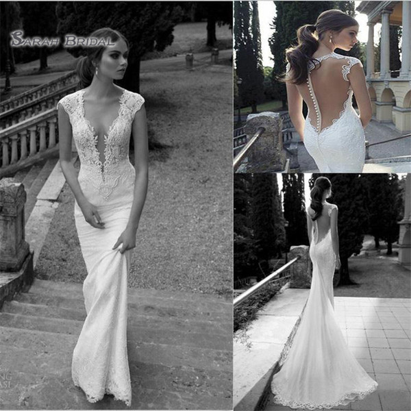 Winter Lace Wedding Dresses Deep V Neck Covered Button Mermaid Court Train Wedding Bridal Dresses Gown