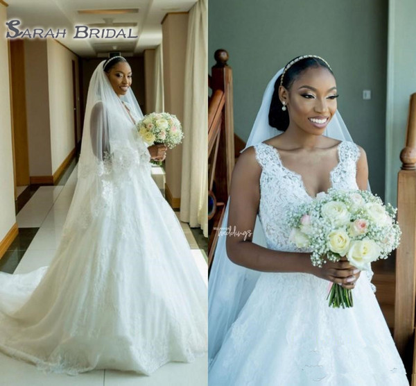 South African Wedding Dresses New Full Lace A Line V Neck Backless Aso Ebi Wedding Gowns Sweep Train Robe de mariee