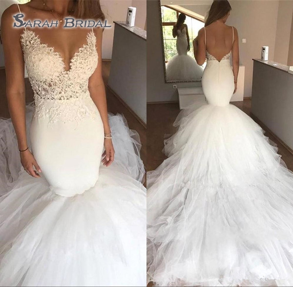 Designer Sexy Lace Mermaid Wedding Dresses Spaghetti Straps Puffy Skirts Tulle Lace Applique Backless Plus Size Bridal Gowns