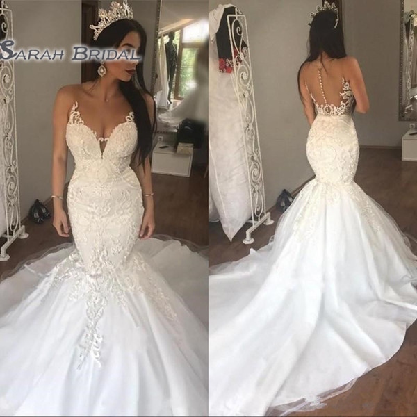 Arabic Mermaid Wedding Dresses Sheer Neck Sweep Train Appliques Button Back Garden Country Plus Size Bridal Gowns vestido de novia