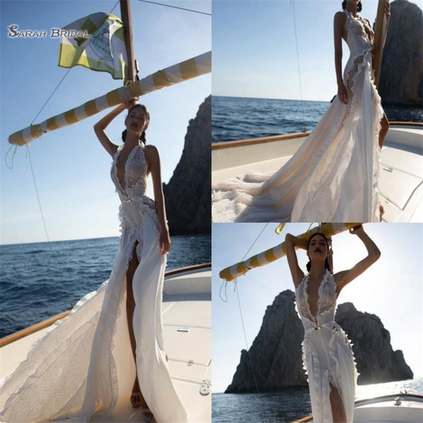 Mermaid Beach Wedding Dress Sexy Deep V Neck Lace with High Split Bridal Gowns robe de marriage