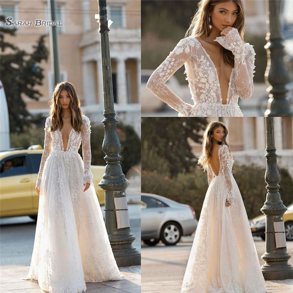 Berta A-line Wedding Dresses V Neck Lace 3D Floral Appliques Long Sleeves Backless Beach Bridal Gowns vestido de novia