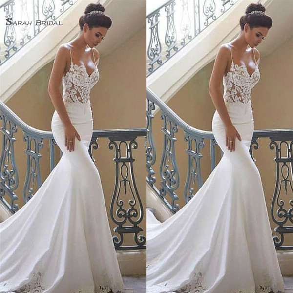 Sexy White Spaghetti Straps Mermaid Wedding Dresses Lace Backless Bridal Gowns With Sweep robe de marriage