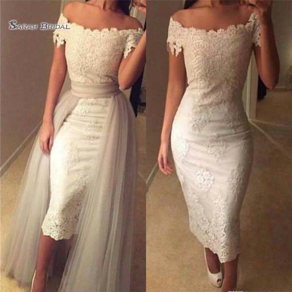 Boho Beach Sheath Wedding Dresses Tea Length Off Shoulder Full Lace Detachable Train Bridal Party Gowns Custom Made