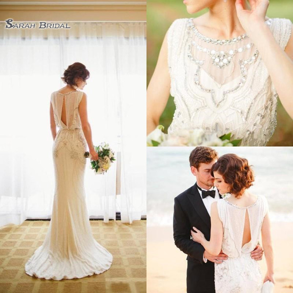 Vintage Mermiad Wedding Dresses With Jewel Backless and Beaded Sweep Train Bridal Gowns Custom Made