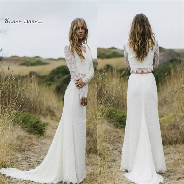 Sheath Two Pieces Wedding Dresses Sheer Long Sleeves V Neck Boho Country Wedding Gowns Vestido de Noiva