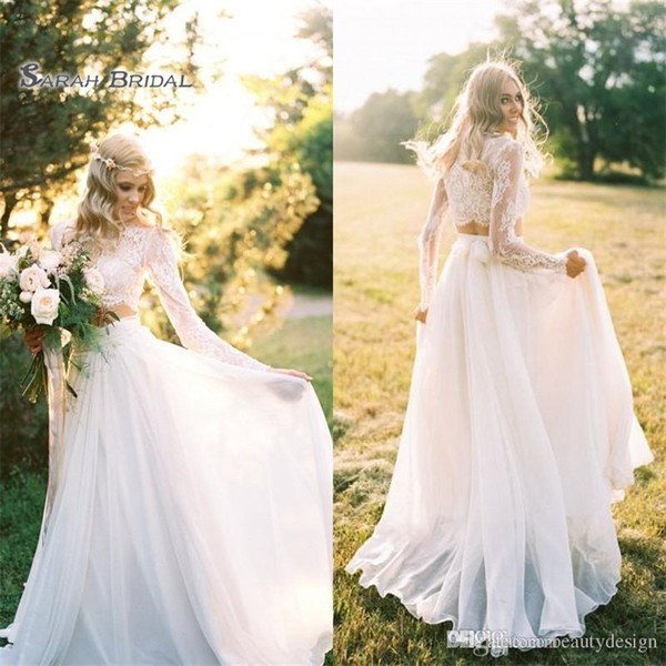 Forest A-Line Two Pieces Bohemian Wedding Dresses Long Lace Sleeves Chiffon Beach Country Wedding Gowns