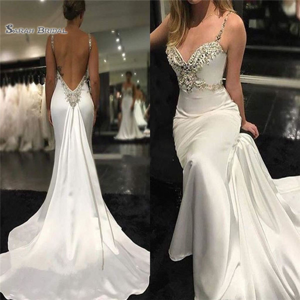 Modern Mermaid Wedding Dresses With Spaghetti and Backless Crystals Beaded Bridal Dress Sweep Train Wedding Gowns Robe de Mariage