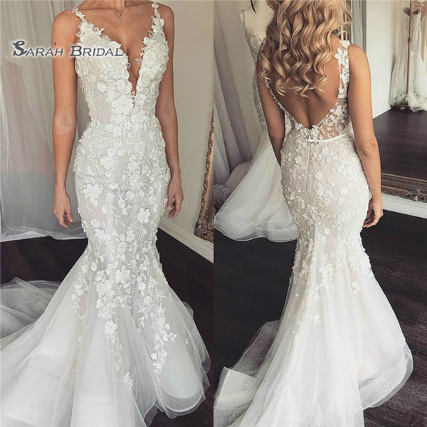 V-Neck Mermaid Wedding Dresses Backless Lace Sleeveless Appliques Arabic Bride Dress Marriage robe de mariée