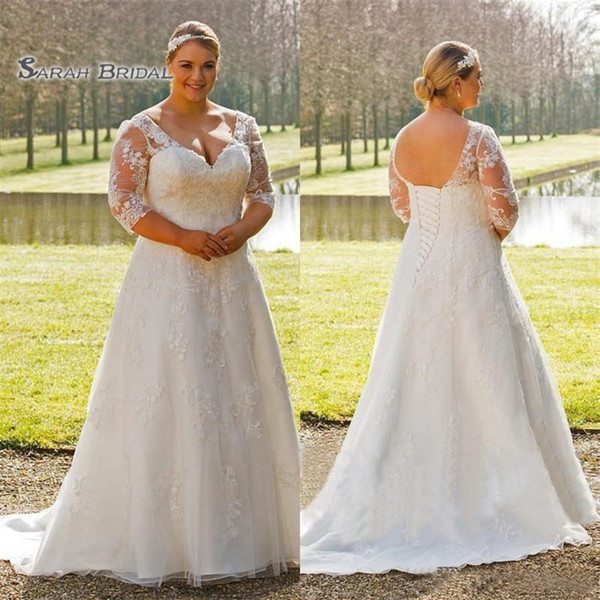 Plus Size A-line Wedding Dresses Half Lace Sleeve Bridal With Sweep Train Custom Made Vestidos De Novia