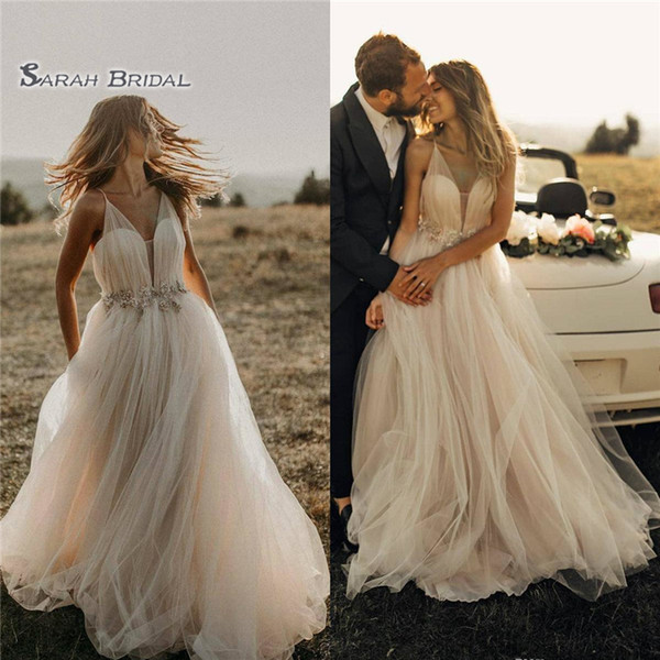 Romantic Simple Bohemian A-ine Wedding Dresses Sexy Spaghetti Straps Tulle Deep V-Neck Boho Bridal Gowns Beach Wedding Dress