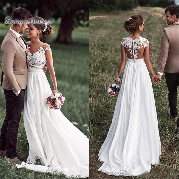 Cheap Boho Beach A-line Wedding Dresses With Cap Sleeves and Appliques Buttons Back Bridal Gowns