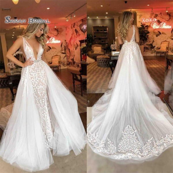 Long Bohemian Mermaid Wedding Dresses With Deep V Neck and Backless Overskirt Tulle Sweep Vestidos De Novia