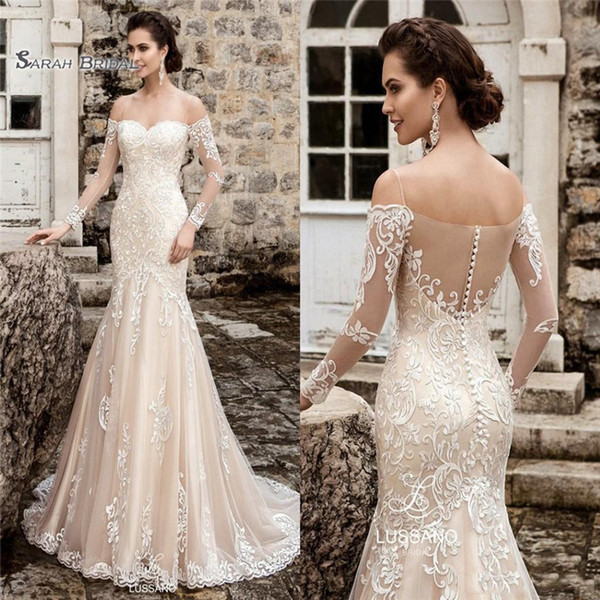 Sexy Mermaid Bridal Dress With Long Sleeves and Buttons Back Formal Party Wedding Dresses Vestidos De Noiva