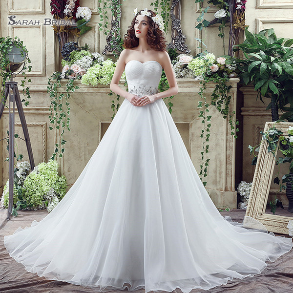 Elegant Sleeveless A- Line Lace Up and Sweetheart Tulle Sweep Train Sleevless Wedding Dresses Bridal Gowns SQS040