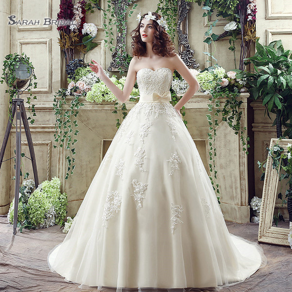 Cheap Ball Gown Sleeveless Lace Up with Bow Sweetheart Appliques Sweep Train Sleevless Wedding Bridal Gowns SQS039