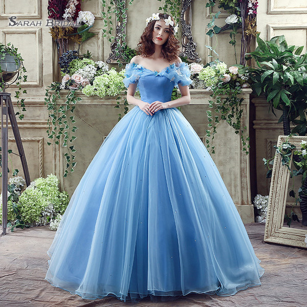 Princess Lace Up Blue Ball Gown Beads Off Shoulder Tulle Sweep Train Sleevless Wedding Bridal Gowns SQS037