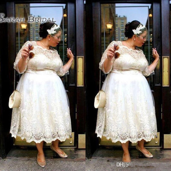 Lace Plus Size Short Wedding Dresses Tea Length A Line Bridal Gowns Illusion Long Sleeves Women Wedding Vestidos Custom Made Cheap