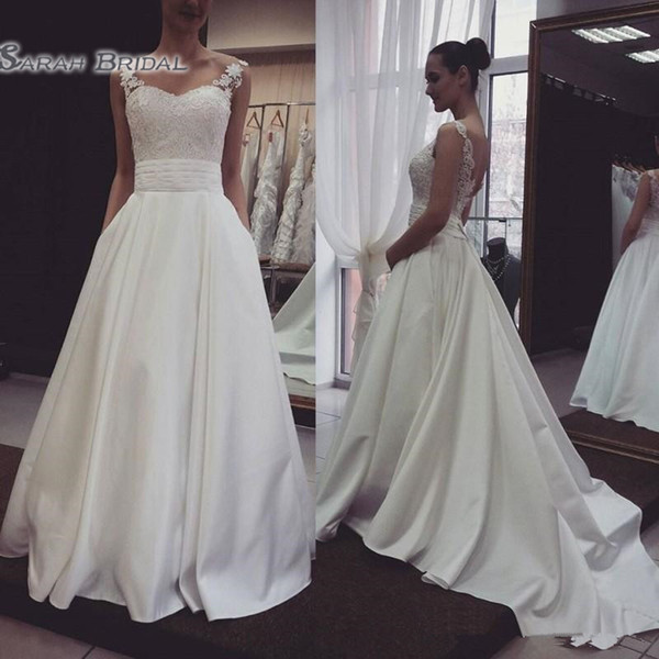 Romantic Simple Plain Lace Satin Wedding Dresses A Line V Neck Appliqued Sexy Backless Floor Length Vesitods Bridal Gowns Cheap