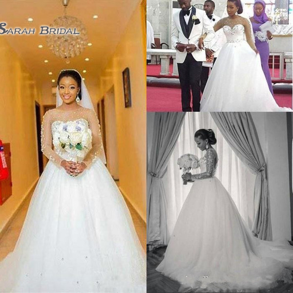 African Wedding Dresses With Beads Sequins Jewel Long Sleeves Wedding Dress Bridal Gowns Tulle Count Train robes de mariee