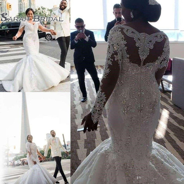 African Gorgeous Plus Size Wedding Dresses Lace Appliques Beaded Crystal V Neck Mermaid Wedding Dress Long Sleeve Bridal Gowns