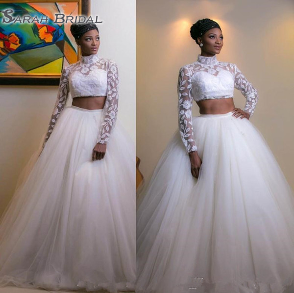 South African Arabic High Collar Wedding Dresses Stylish Two Pieces Lace Long Sleeves Tulle Skirt Bridal Gowns Custom Made