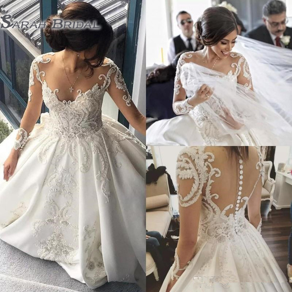 Bead A Line Wedding Dresses Sexy See Through Bridal Gowns Vestido De Novia Plus Size Lace Long Sleeve Wedding Dress