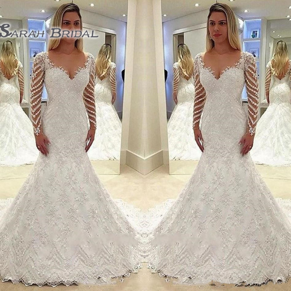 Amazing Lace Mermaid Wedding Dresses Sequined Beaded Appliques Long Sleeves Bridal Dress Sexy Backless Sweep Train Wedding Gowns Custom Made