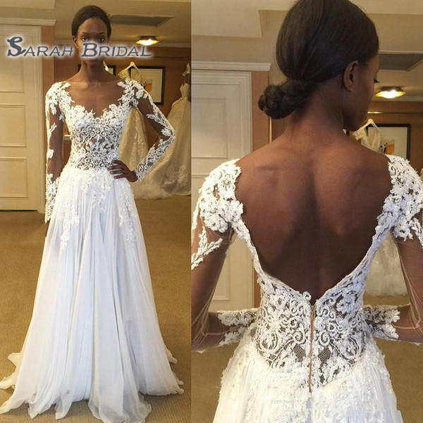 Lace A Line Wedding Dresses South African Sheer Neck Open Back Bridal Gowns Illusion Long Sleeves Chiffon Floor Length Wedding Vestidos