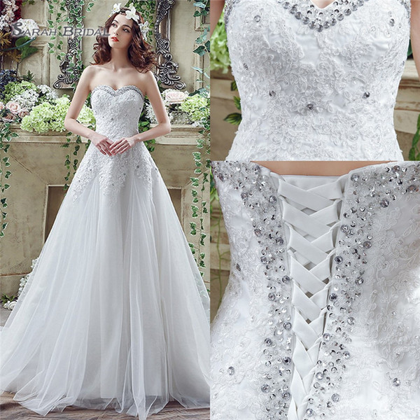 White A-line Tulle Sweetehart Lace Up With Appliques Sequins Sweep Train Sleevless Bride Dress Wedding Bridal Gowns SQS044