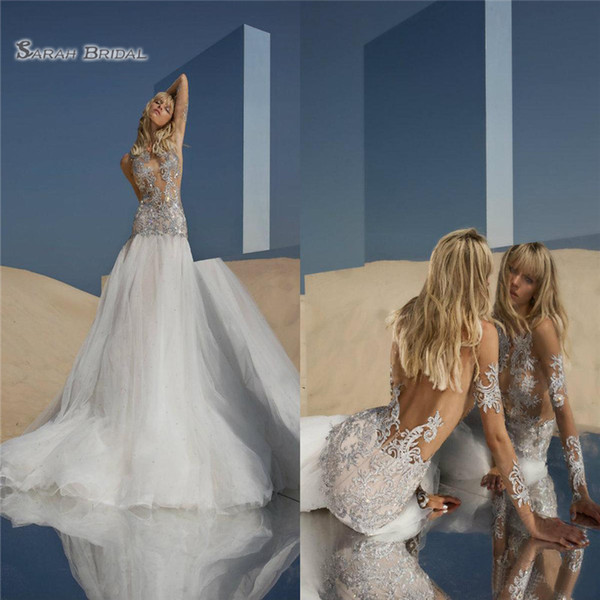 Mermaid Wedding Dresses Tulle Bling Sequins Lace Sweep Train Long Sleeve Backless Boho Wedding Gown