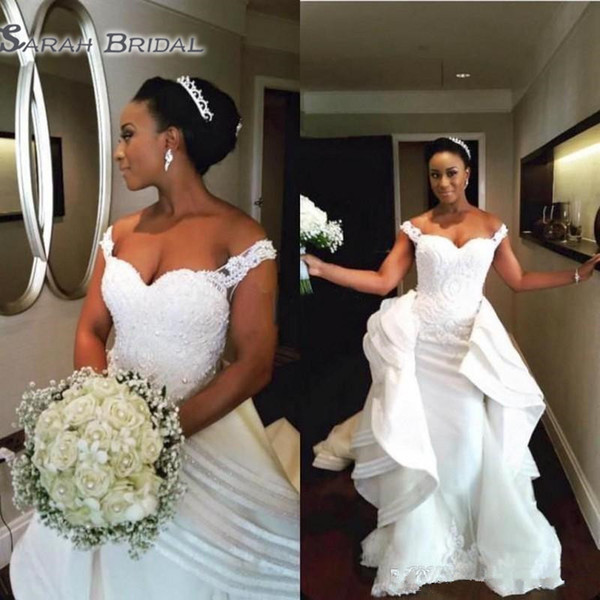 Gorgeous African Wedding Dresses Sexy Off The Shoulder Lace Beads Bridal Gowns Organza Ruffles Sweep Train Overskirts Wedding Vestidos