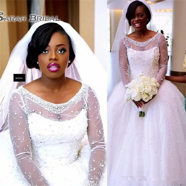Illusion Neck Long Sleeve Wedding Dresses Beaded Tulle Ball Gown Bridal Dresses South Africa Plus Size Wedding Dresses Custom Made
