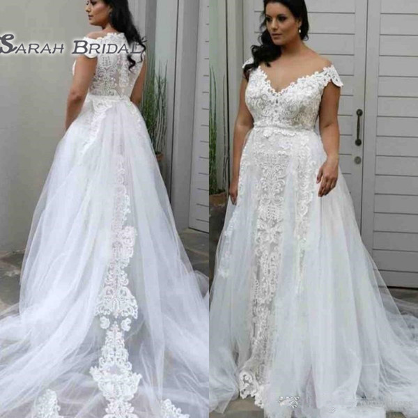 Gorgeous Lace And Tulle Wedding Dresses Plus Size Off Shoulder Zipper Back Bridal Gowns Custom Made Sweep Train Wedding Vestidos