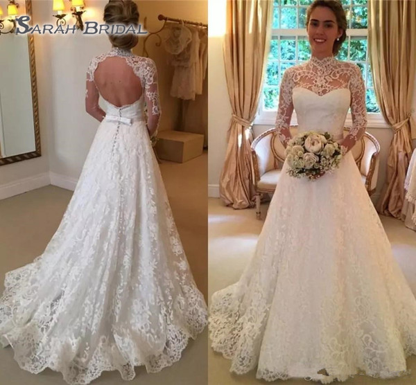 New Vintage Lace Wedding Dresses High Neck Illusion Sleeved Open Back A line Wedding Gowns Chapel Long Bridal Dresses